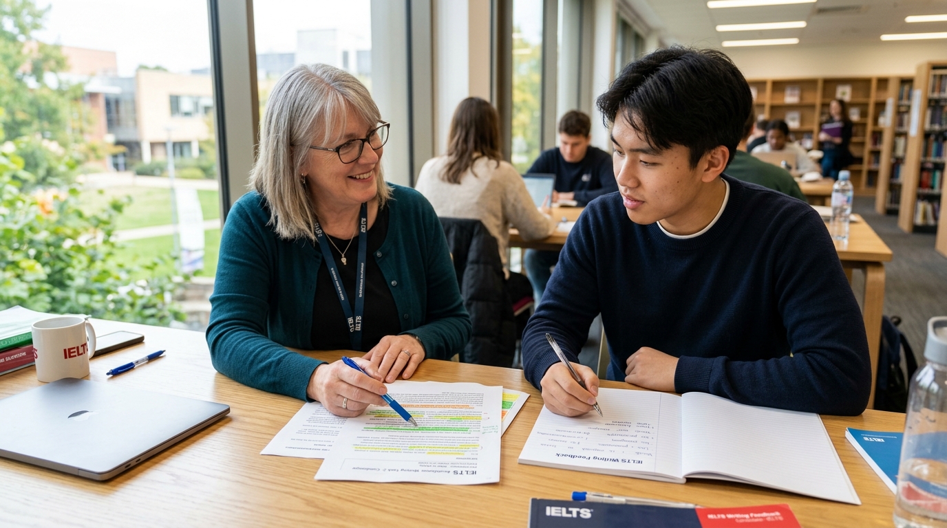 IELTS'e Sıfırdan Kaç Ayda Hazırlanılır? Gerçekçi Takvim 2 IELTS hazırlık sürecinde eğitmen ile birebir deneme analizi ve geri bildirim çalışması.